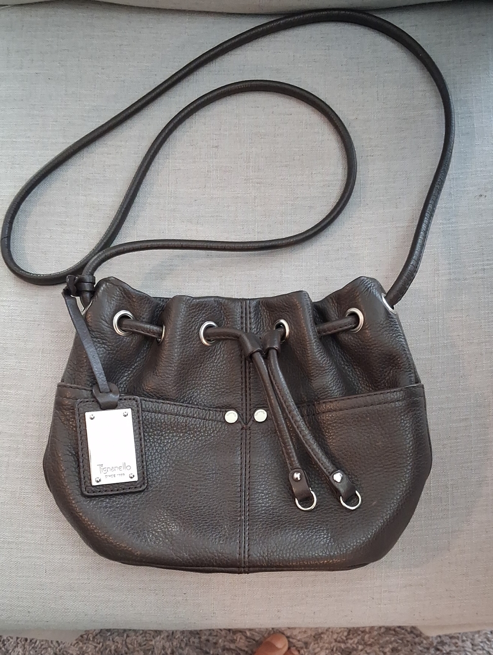 Tignanello Dark Brown Pebbled Leather Drawstring Crossbody